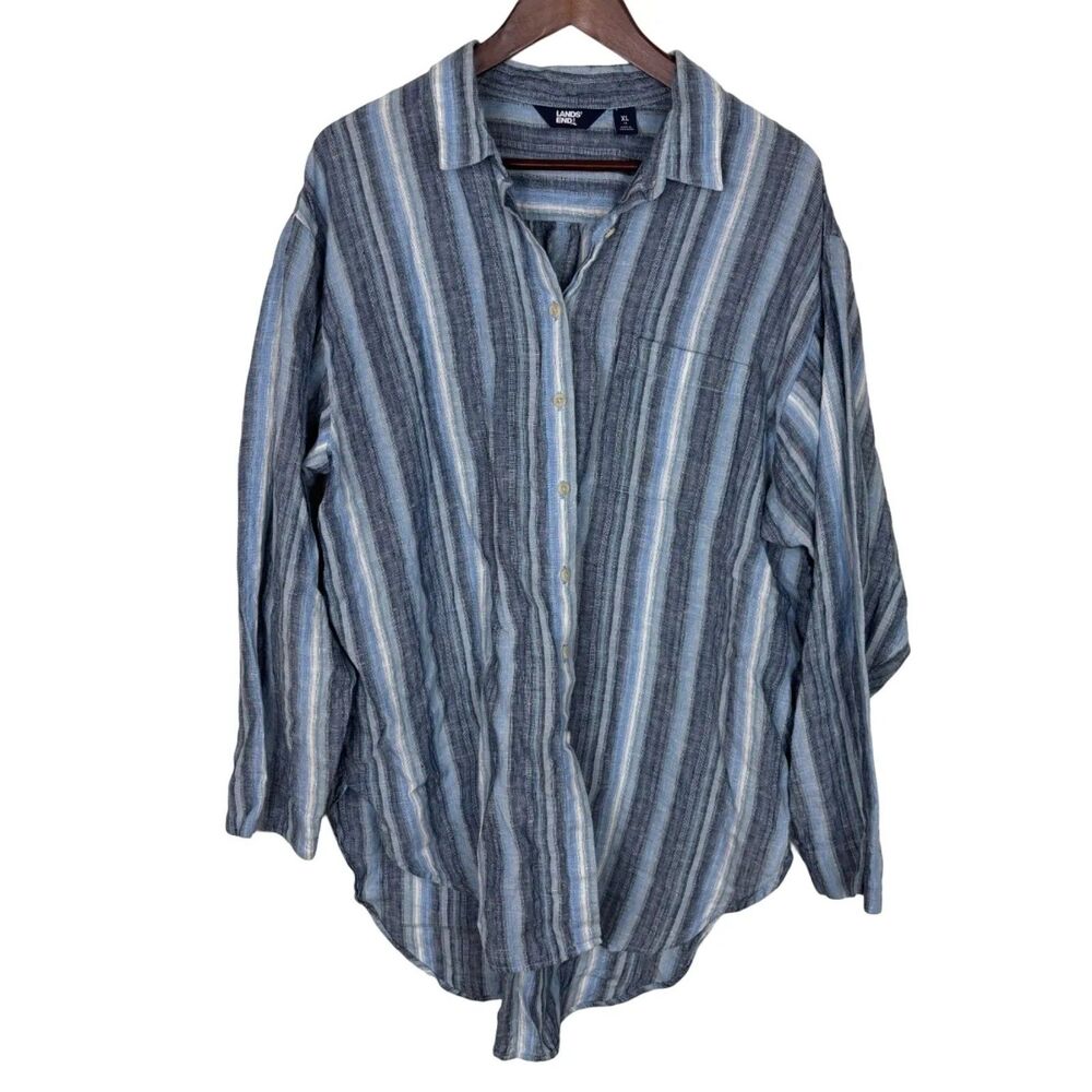 Lands' End 100% Linen Blue Vertical Striped Button Down Women's XL